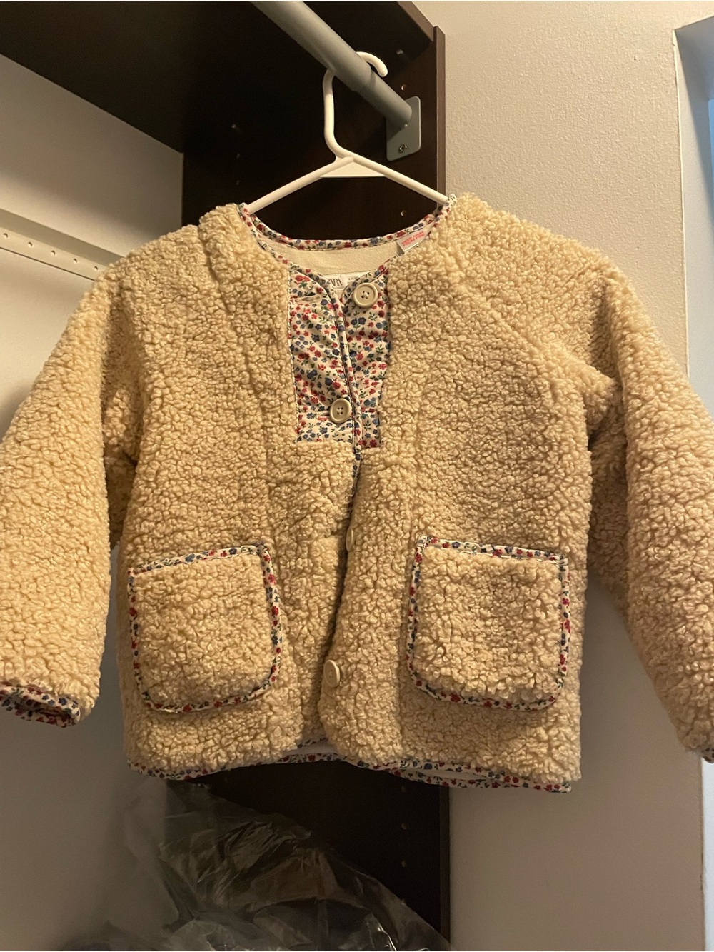 Zara Cream Sherpa Kids Jacket with Floral Trim